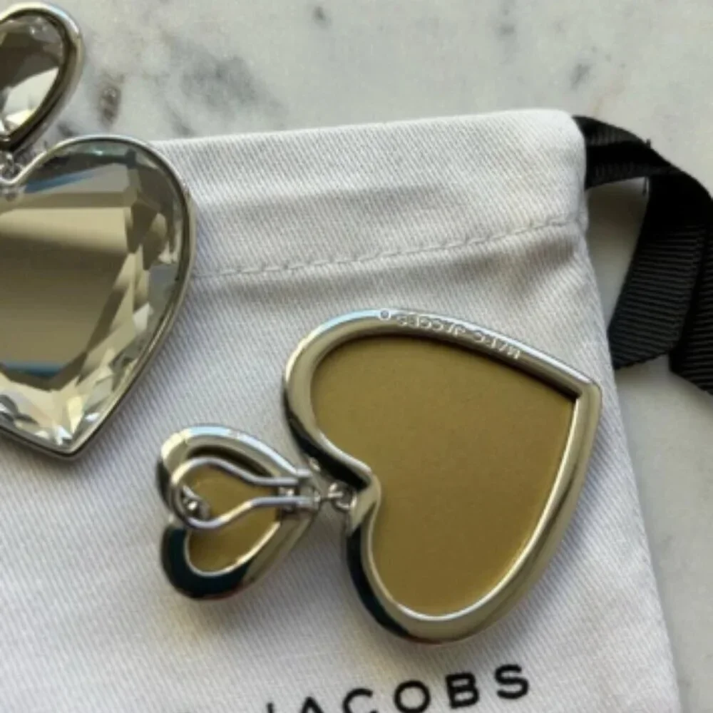 NWT! NEW! Marc Jacobs Jumbo Silver Crystal Double Heart Earrings with dust bag